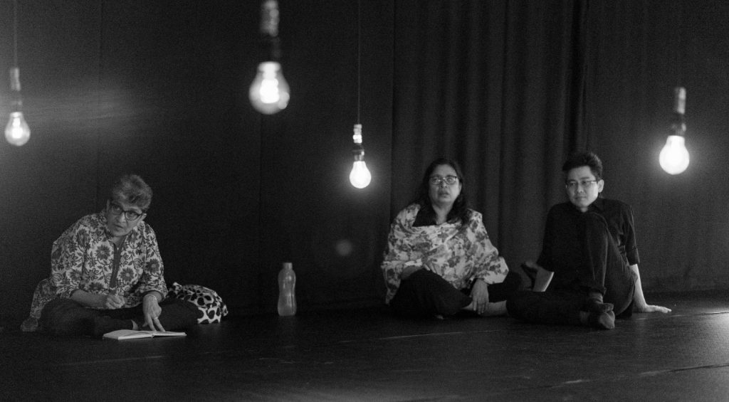 Marion D'Cruz, Ivy Josiah and Mac Chan, in rehearsal for 'Terbalik'. 